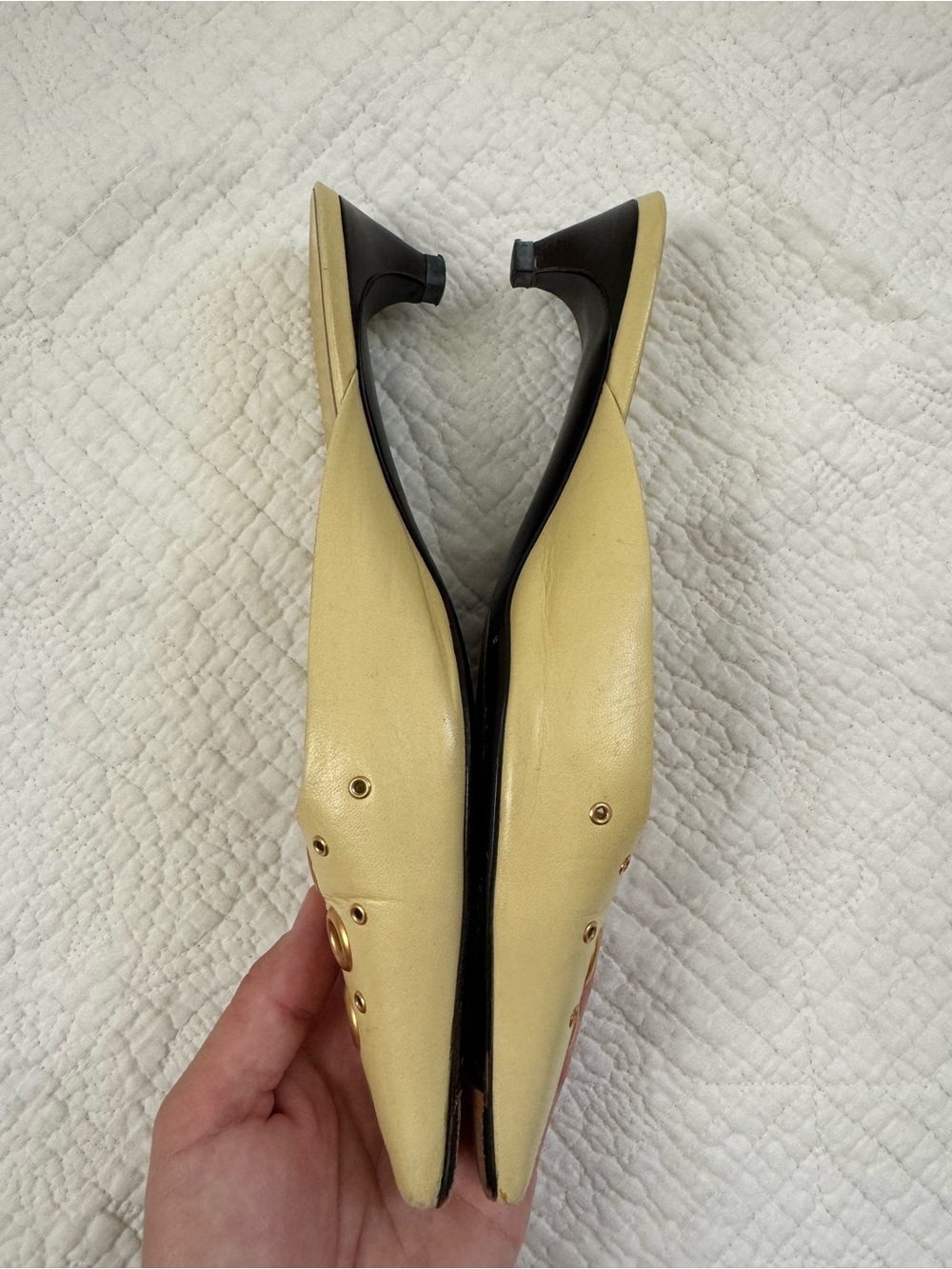 Prada Leather Yellow Low-Heel Mules with Gold Eyelet Accents, Size 37.5/US 7.5 - Picture 5 of 12